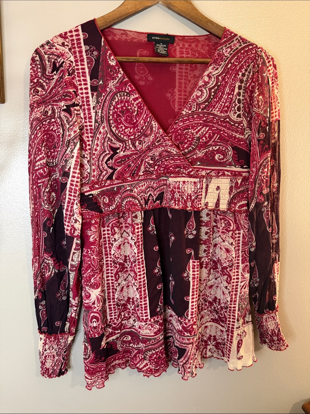 BCBGMAXAZRIA Paisley Boho Smocked Waist Long Sleeve Blouse M - Picture 6 of 8